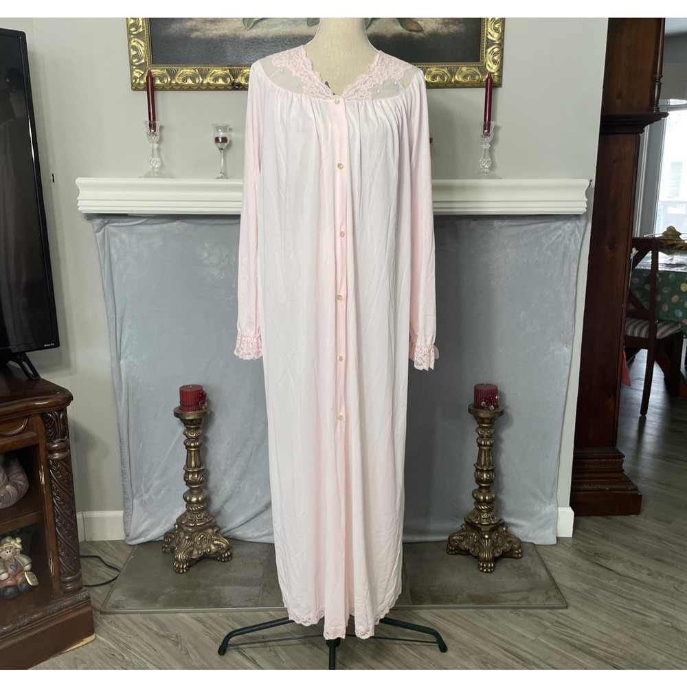 Vintage Shadowline Pink Nightgown Lace Trim Sheer Robe Button Down 1X